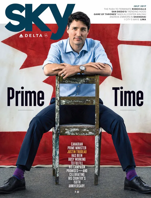 Portada de Sky con Justin Trudeau sentado a horcajadas sobre una silla